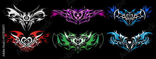 Succubus womb tattoo. Demon heart sigil with wings and crosses in Triball style. Vector set of tattoos