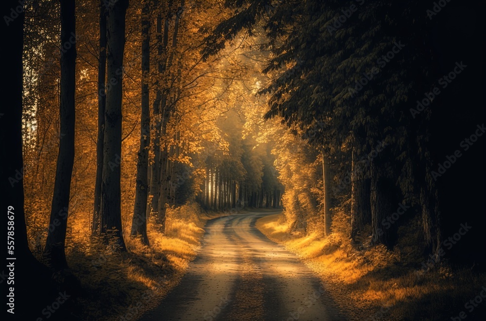 Road in the forest. Autumn. Landscape. Generative AI.