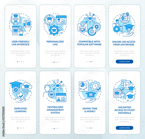 Learning management system blue onboarding mobile app screen. Walkthrough 4 steps editable graphic instructions with linear concepts. UI, UX, GUI template. Myriad Pro-Bold, Regular fonts used