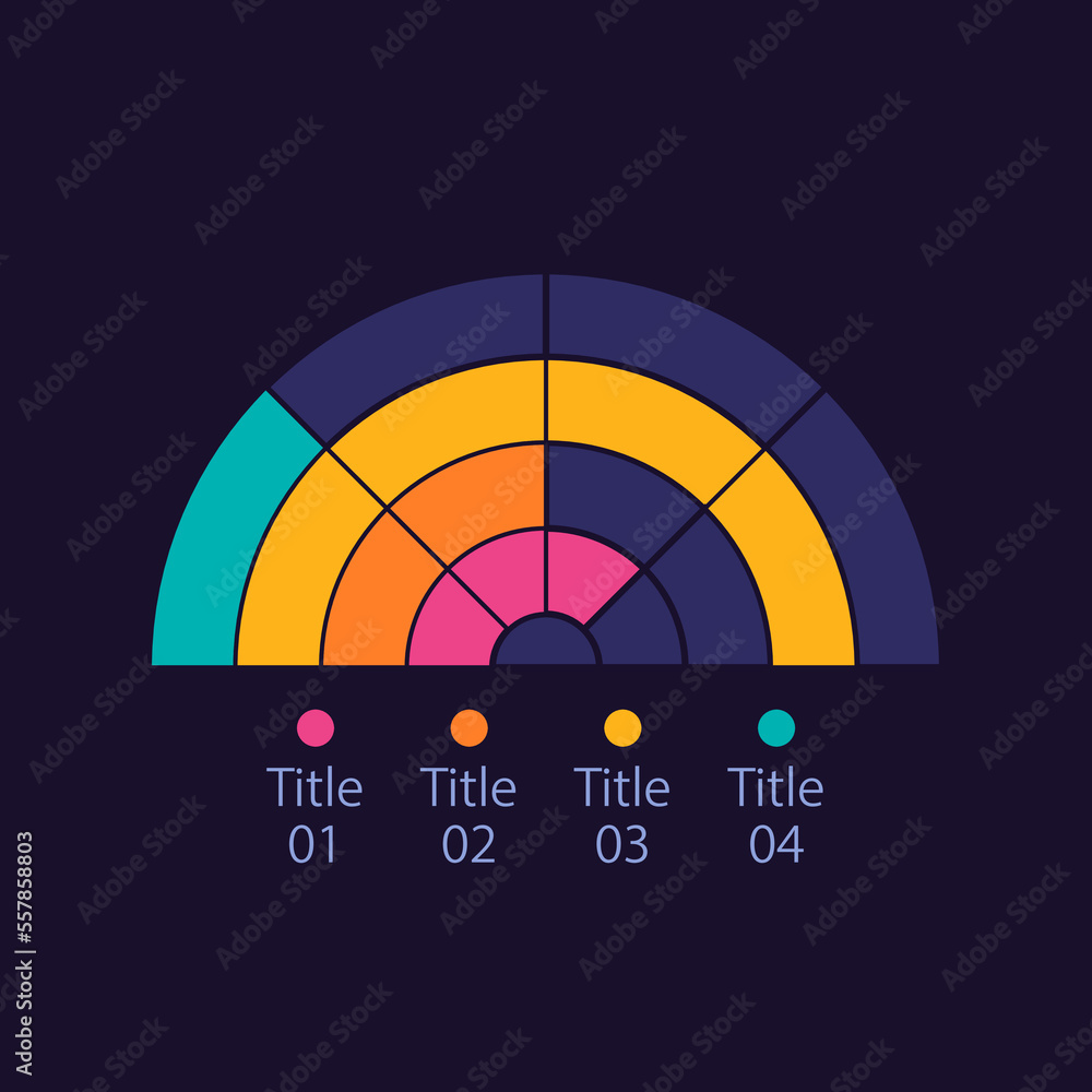 Half moon infographic chart design template for dark theme. Four rings ...