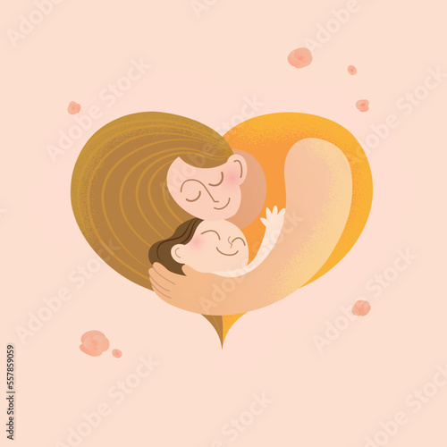 Happy mother day vector square card, loving caucasian mother hugging her young daughter in a shape of heart, Background with small flowers. Smiling woman holding cute happy little girl in her arms. 
