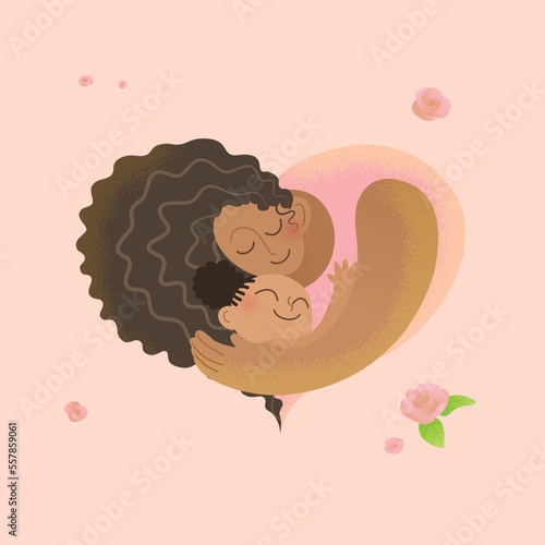 Happy Mother Day square vector card. Loving black mother hugging her young daughter in a shape of heart. Smiling woman with a cute little black girl in her arms. Background with small flowers.