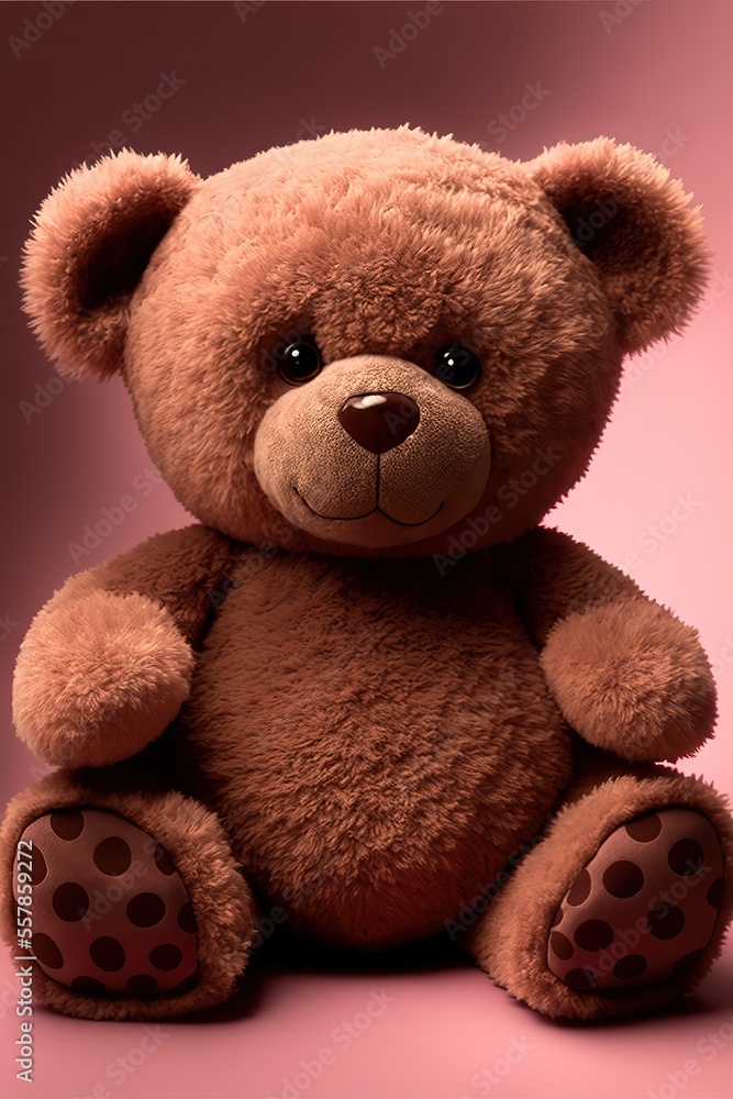 Fototapeta premium Smiling teddy bear. Isolated pastel rose background. Valentine or birthday card. Generative ai.