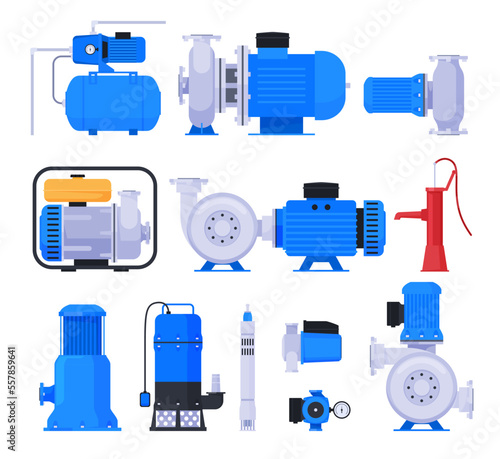 Water pumps. Water and liquid pumping. Technical equipment for water stations. Vector illustration