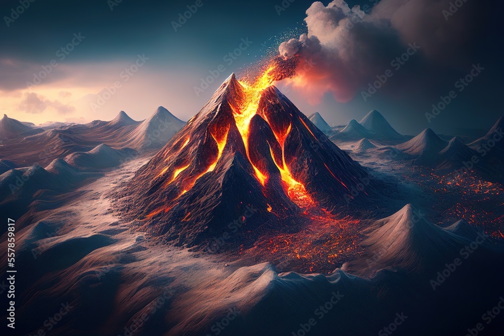Aerial view of volcano eruption. Stunning photorealistic illustration. Generative art