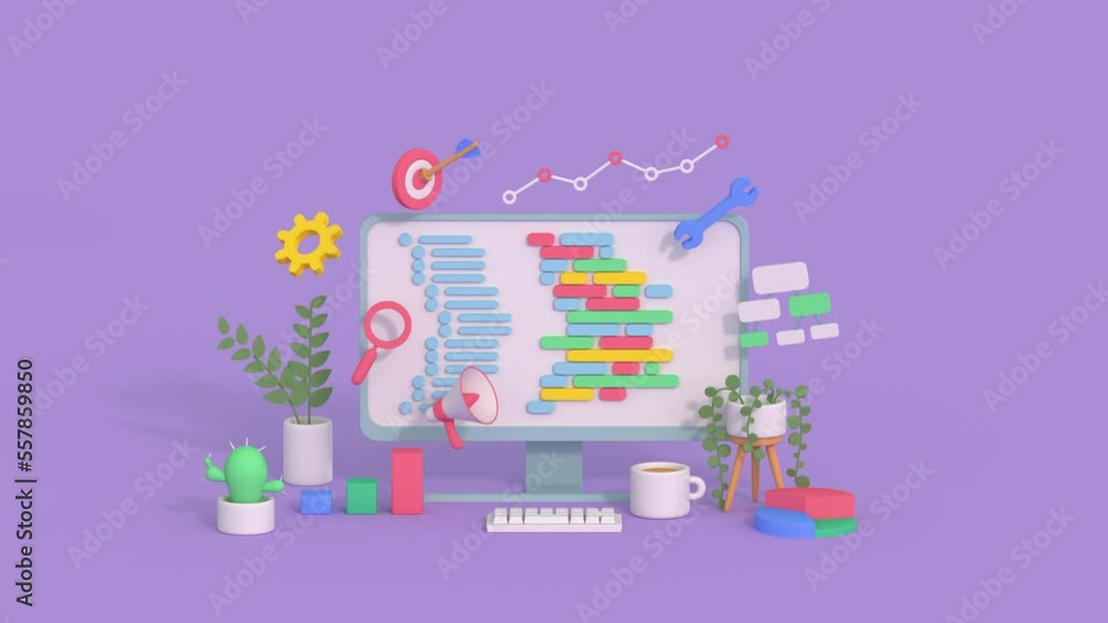 Web building and SEO marketing concept. Minimal cartoon style 3D render animation Web building and SEO marketing concept. Minimal cartoon style 3D render animation