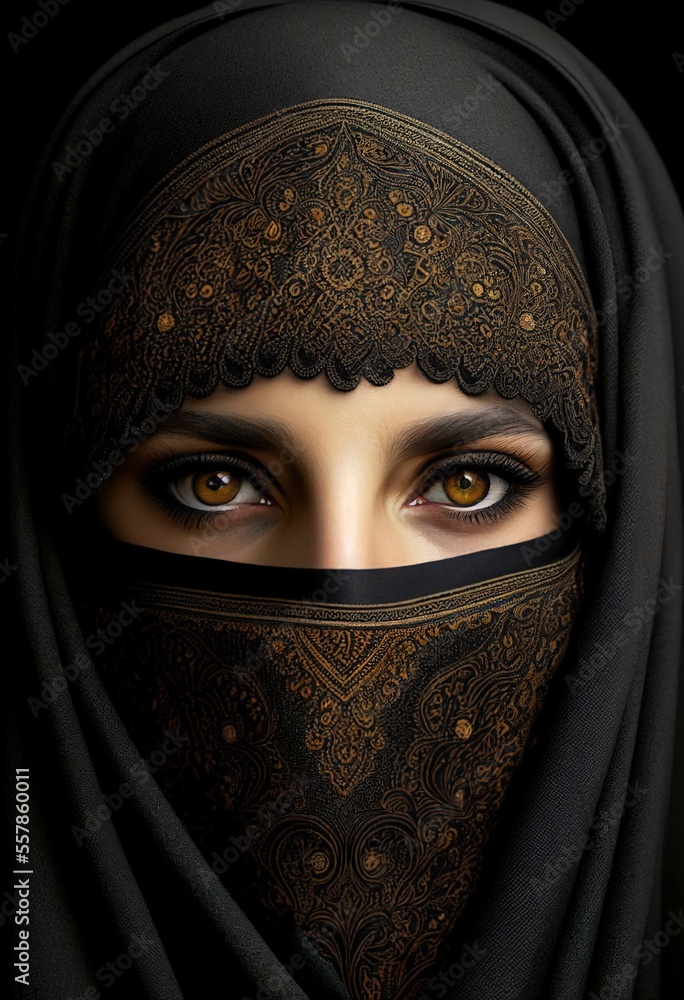 Stunning photorealistic portrait of beautiful woman in muslim niqab clothes. Generative art
