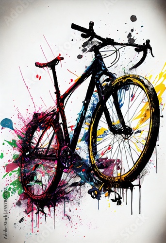 Silhouette of road bike in paint splashes. Stunning watercolor illustration. Generative art.