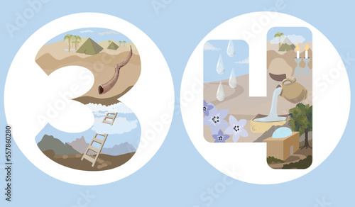Vector icons of the jewish song Who Knows One? A Passover Seder Counting lyrics. Three are the Fathers: Abraham, Isaac, Jacob. Four are the Mothers. Symbols of numbers in Judaism. artistically drawn.