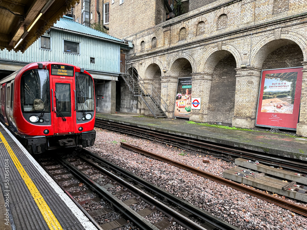 London, UK - 30.12.2022. South Kensington tube station in London. Train ...