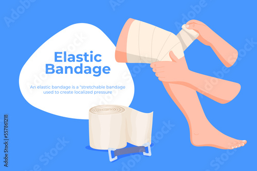 Elastic bandage. Help with leg injuries. Bandaging a human leg. Vector illustration