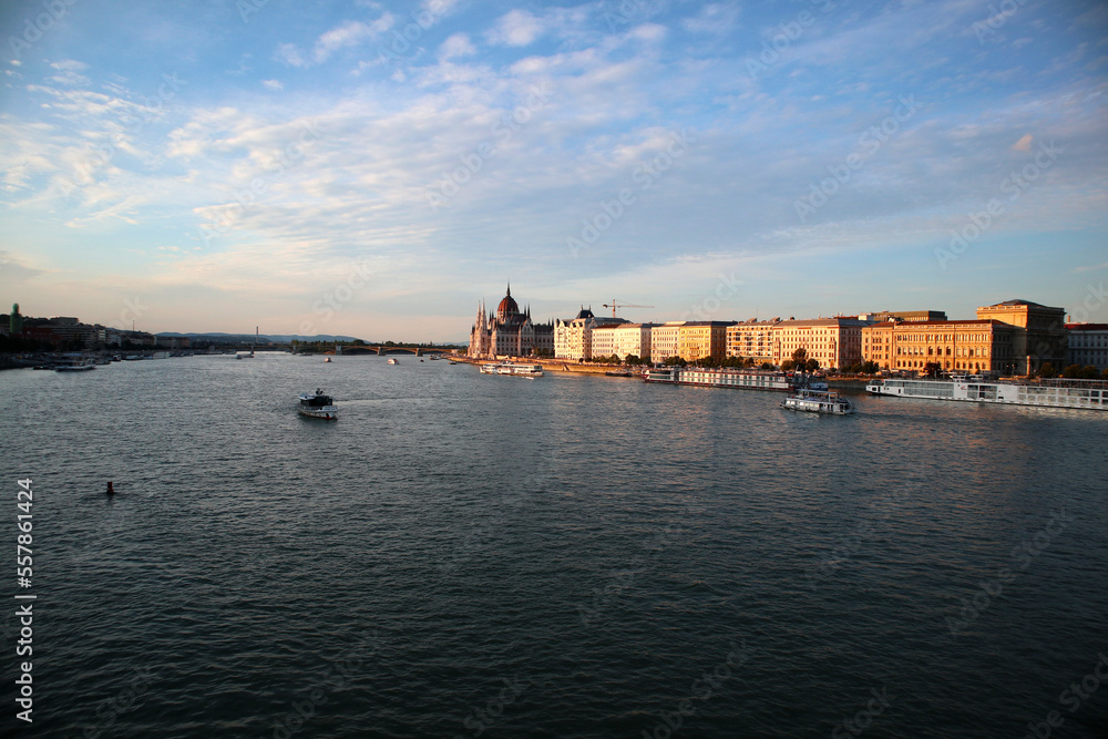 Panoramic view of the Danube River and the Old Town of Budapest with Chain Bridge and Parliament