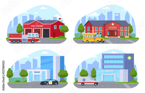 Various municipal buildings. Civil infrastructure of the city. Vector illustration