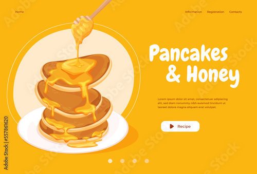 Banner Homemade Pancakes with Jams. A delicious hearty breakfast. Fried pancakes. Vector illustration
