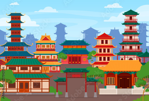 Banner of the city of traditional buildings in Asian style. Ancient temples, pagodas, shrines, residential buildings. Vector illustration.