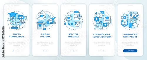 Launching school LMS blue onboarding mobile app screen. Walkthrough 5 steps editable graphic instructions with linear concepts. UI, UX, GUI template. Myriad Pro-Bold, Regular fonts used