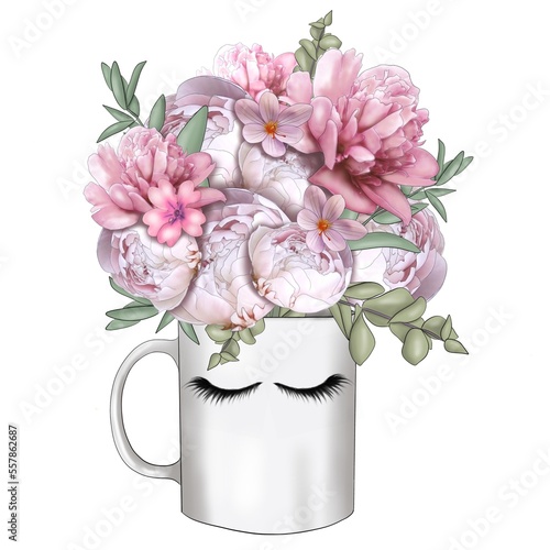 Bouquet Of Flowers In A Mug Hand Drawn Illustration