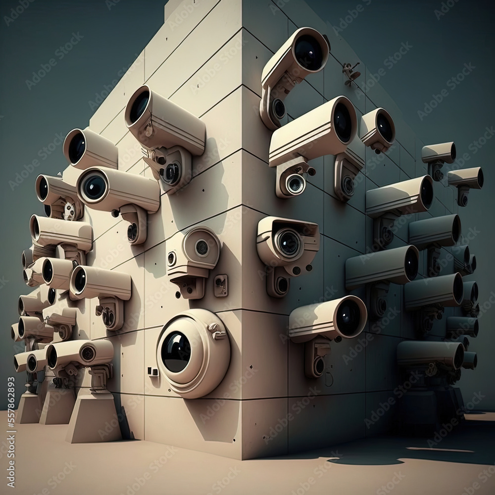 Security cameras, mass surveillance, generative ai, spying, lack of privacy, wall full of security cameras - obrazy, fototapety, plakaty 