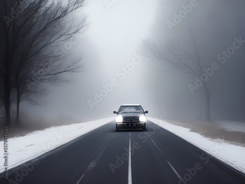 A mysterious car waits on a lonely road.