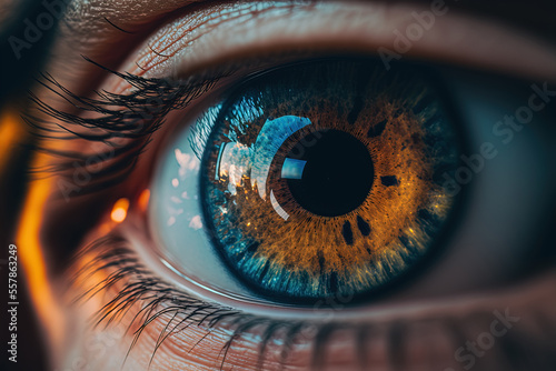 Closeup of a beautiful human eye, zoom on blue and brown iris illustration created by generative AI.