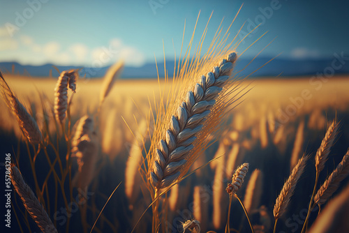 Fotografia Closeup ears of golden wheat in wheat meadow with shiny light and blue sky background, illustration created by generative AI