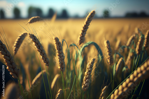 Closeup of ears of golden wheat in wheat meadow with blue sky and blurry mountain background, illustration created by generative Ai.