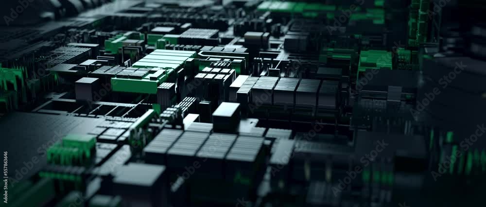Green sci-fi circuit board that looks like a city Green sci-fi circuit board that looks like a city