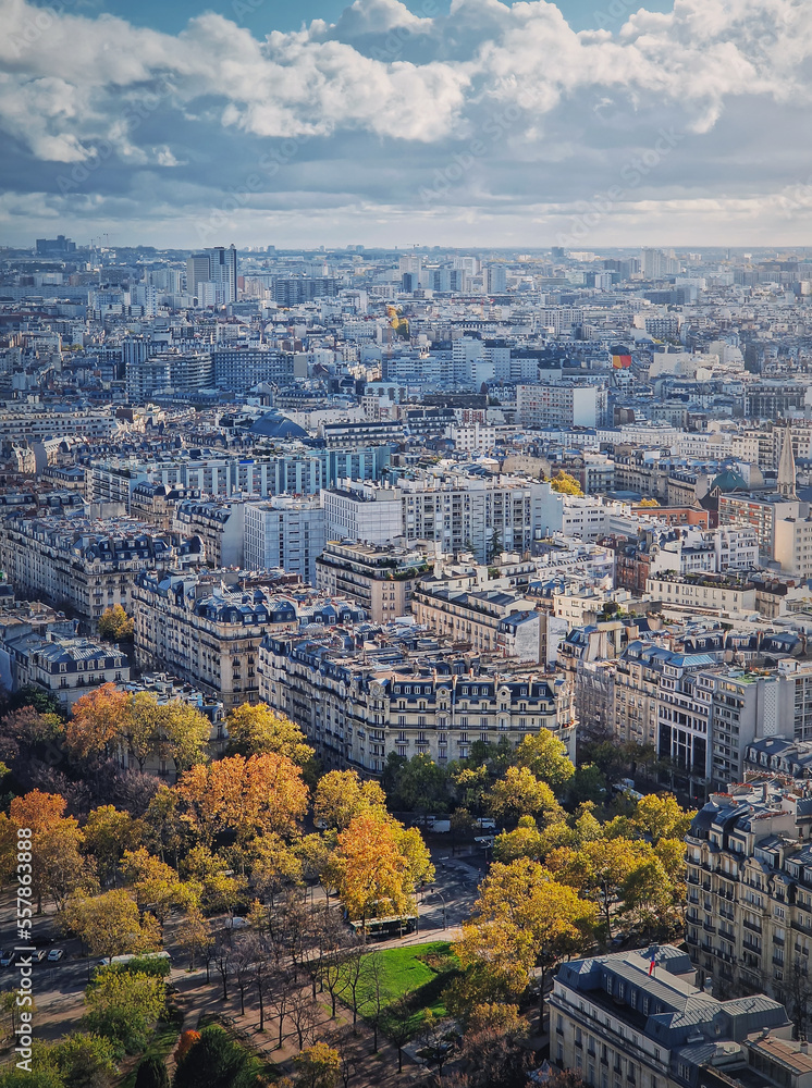 Paris cityscape vertical view from the Eiffel tower height, France. Fall season scene with colored trees