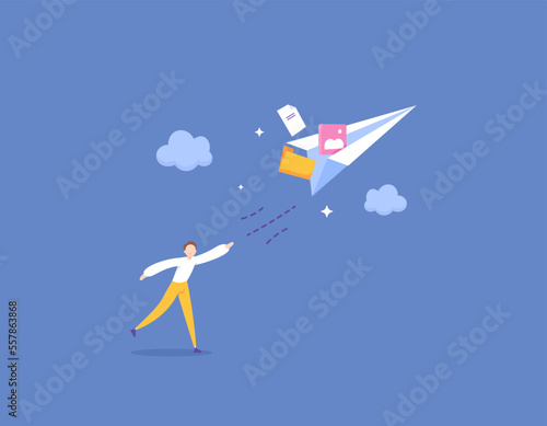 share photo files, documents, folders. application or file sending software. a man launches or flies a paper airplane. illustration concept design. graphic elements