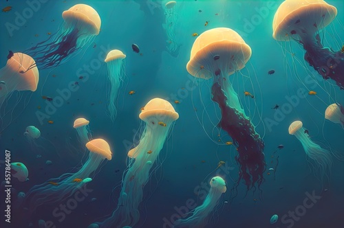 A group of jellyfish floating in the sky. Fantasy. Art. Landscape. Generative AI.