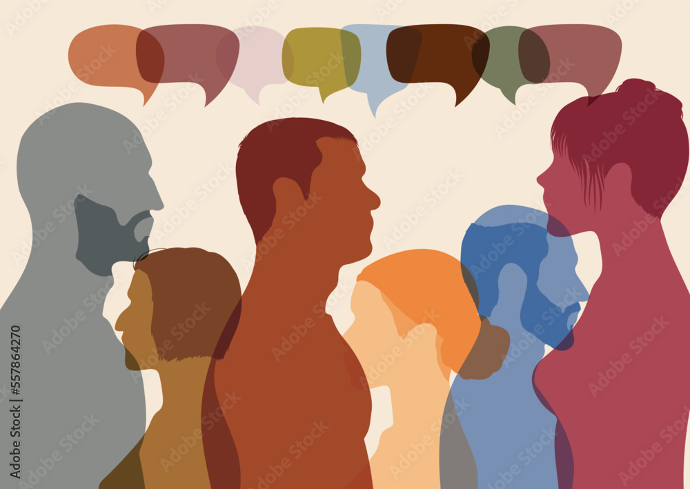 Communicate with your community. People from different ethnicities talking and communicating in a profile. Utilize social networks for communication and sharing of information. Vector Illustration