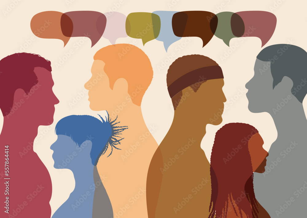 Dialogue and information exchange. Speech bubbles. Share ideas and communicate among multiethnic and multicultural people. Vector Illustration