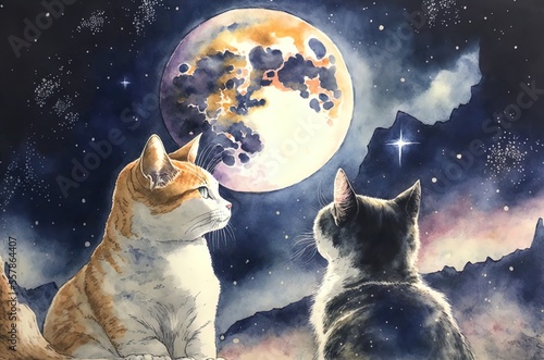 Cats look at the moon. Art. Illustration. Generative AI.