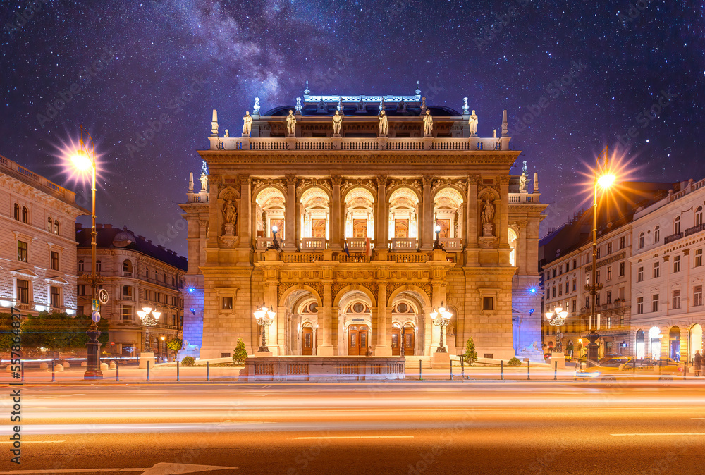Fototapeta premium The Hungarian Royal State Opera House in Budapest, Hungary at night, considered one of the architect's masterpieces and one of the most beautiful in Europe. 