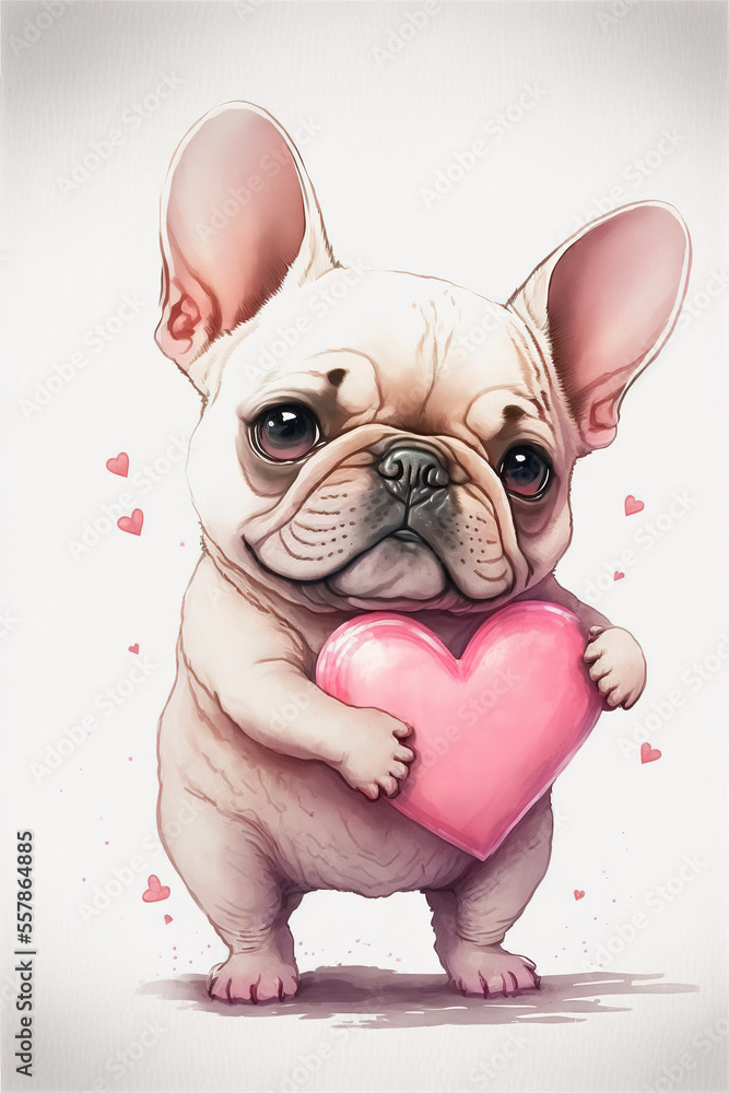 A cute cartoon french bulldog holding a heart in its paws with hearts on the sides on a white background