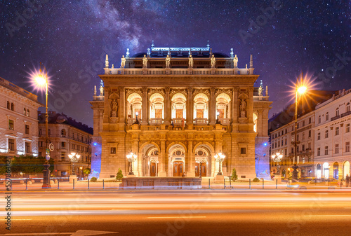 The Hungarian Royal State Opera House in Budapest, Hungary at night, considered one of the architect's masterpieces and one of the most beautiful in Europe. 