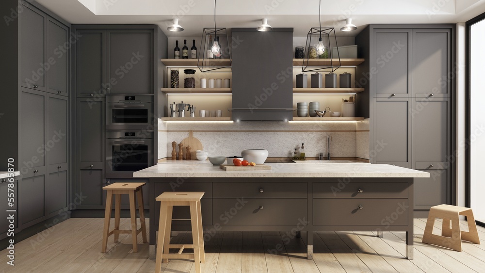 Wnętrze kuchni łączącej nowoczesny i klasycznie elegancki styl. Kuchnia posiada dużą wyspę kuchenną do przygotowywania jedzenia i picia. Ciemna szarość frontów została połączona z drewnem podłogi.
