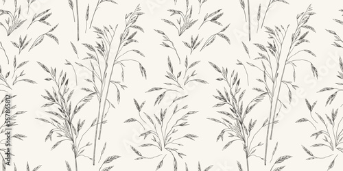 Seamless pattern with dried grass. Black and white background. Vector botanical illustration. Herbal background for wallpaper. Reeds  pampas grass  dried grass. Engraving style.