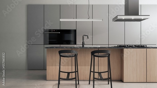  Minimalistyczna kuchnia, zaprojektowana jako połączenie szarości, czerni, jasnego drewna i betonowej podłogi.