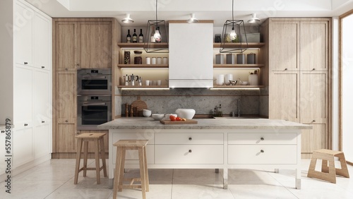 Wnętrze kuchni łączącej nowoczesny i klasycznie elegancki styl. Kuchnia posiada dużą wyspę kuchenną do przygotowywania jedzenia i picia. Biały szafek połączono z jasnym drewnem.