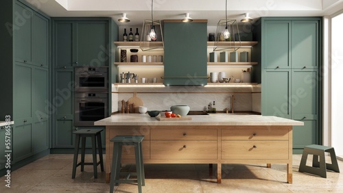 Wnętrze kuchni łączącej nowoczesny i klasycznie elegancki styl. Kuchnia posiada dużą wyspę kuchenną do przygotowywania jedzenia i picia. Biały i zielony kolor połączono z beżowymi płytkami.