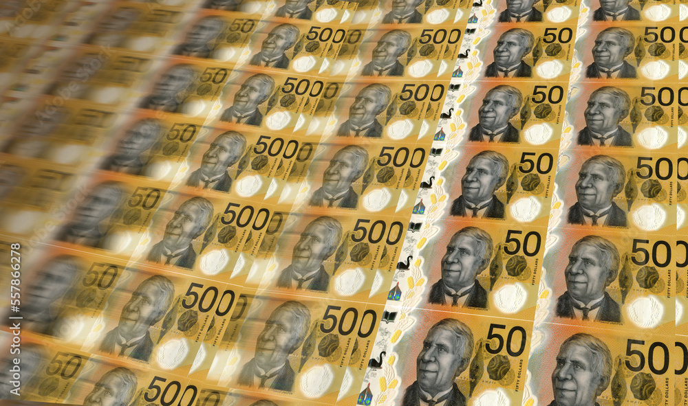 Printing of Australian fifty dollar notes. Motion blur Printing of Australian fifty dollar notes. Motion blur