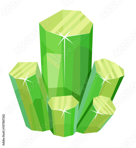 Green crystal gems, jewel rock mineral stones, isolated. Unfaceted rough glowing rocks stalagmites, isolated jewelry precious or semiprecious gem stones. Emerald, quartz, green sapphire, chrysolite