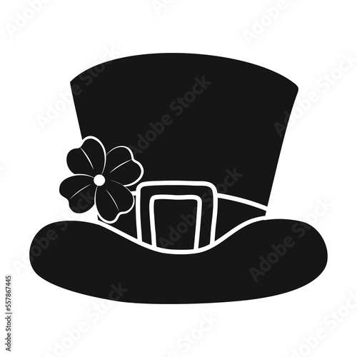 Irish leprechaun hat with four-leaf clover, symbol of good luck and St. Patrick's Day. Vector illustration, leprechaun hat in black and white