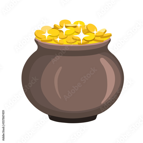 A pot of gold for St. Patrick's Day in a flat, cartoon style. Gold and glitter coins in leprechaun pot, Irish holiday paraphernalia. Vector illustration isolated on white background