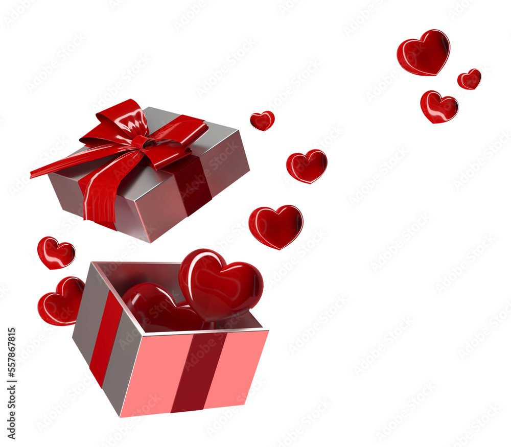 Celebrate Valentine's Day. Red hearts fly out of a gift box with a red ...