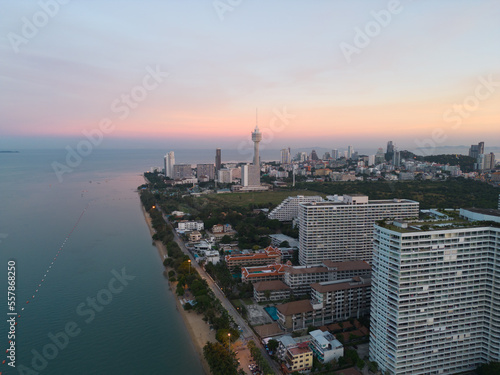 Aerial view of Pattaya sea  beach in Thailand in summer season  urban city with blue sky for travel background. Chon buri skyline.
