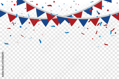 Red And Blue Confetti And Party Ribbon Isolated On Transparent Background. Celebration Event. Birthday. American, Chile, Russia, France, United kingdom flags color concept. Vector