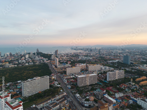 Aerial view of Pattaya sea, beach in Thailand in summer season, urban city with blue sky for travel background. Chon buri skyline. © tampatra