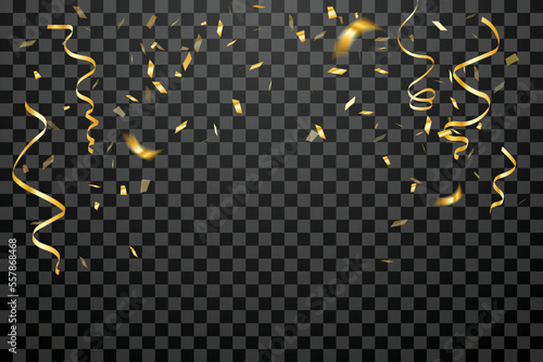 Golden Tiny Confetti And Ribbon Falling On Black Background. Celebration. Happy New Year. Vector